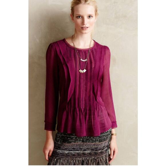 Anthropologie HD in Paris Thistleberry Blouse Purple Check Sheer Berry 2 - Picture 1 of 6